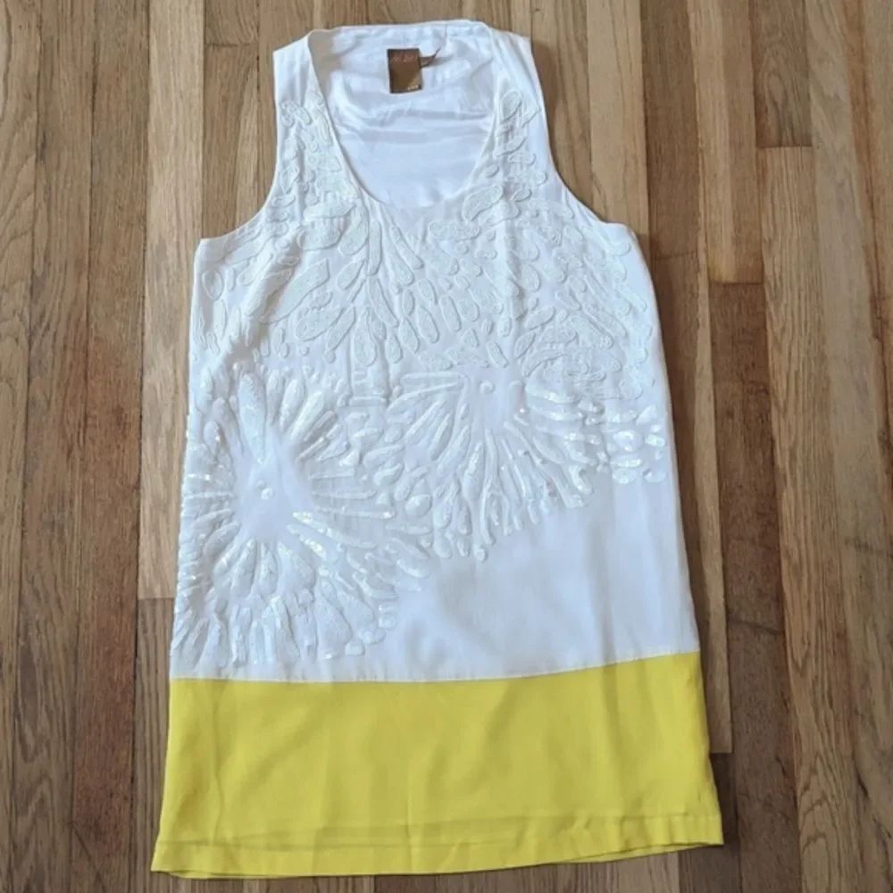 Ali Ro Sleeveless Beaded Silk Tank Shift Dress White and Yellow colorblock